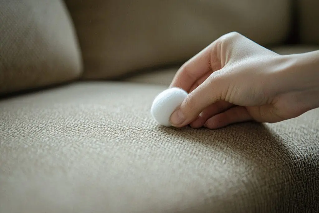 A close-up of a hand using a cotton ball to lift a pen ink stain from a sofa, showing a DIY save