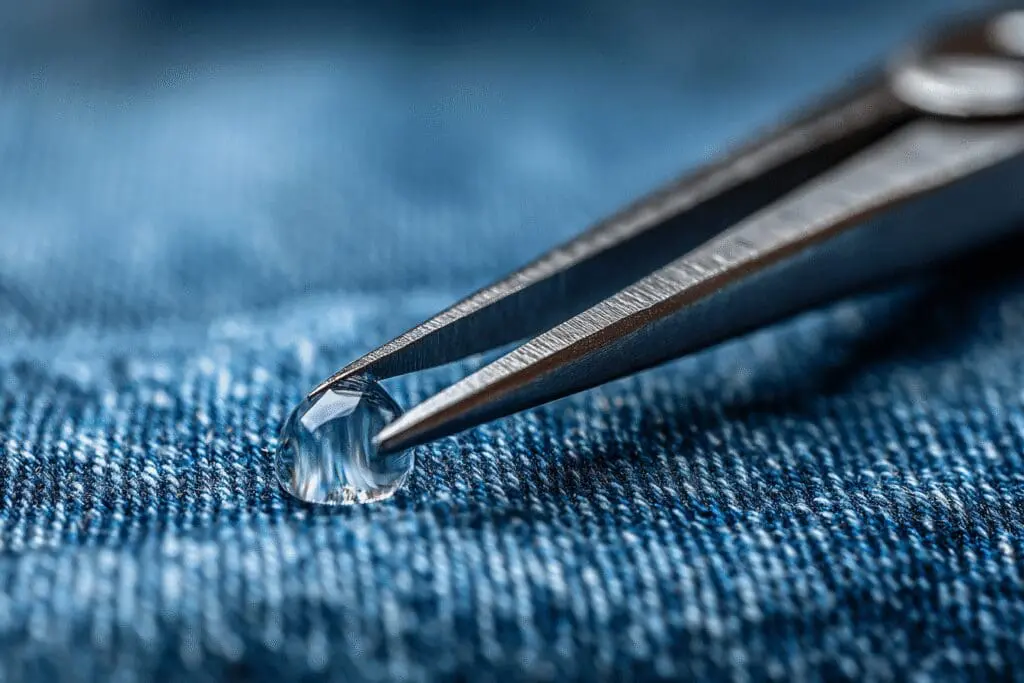 A detailed macro image showing how to get super glue out of clothes by carefully picking at the hardened glue on fabric