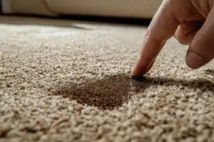 A hand cleaning a dark motor oil stain from a carpet, showing the stain vanishing as it is treated.
