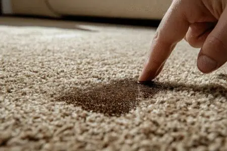 A hand cleaning a dark motor oil stain from a carpet, showing the stain vanishing as it is treated.