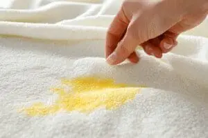 A hand treating a yellow stain on a white sheet, showing how to effectively remove dog pee stains
