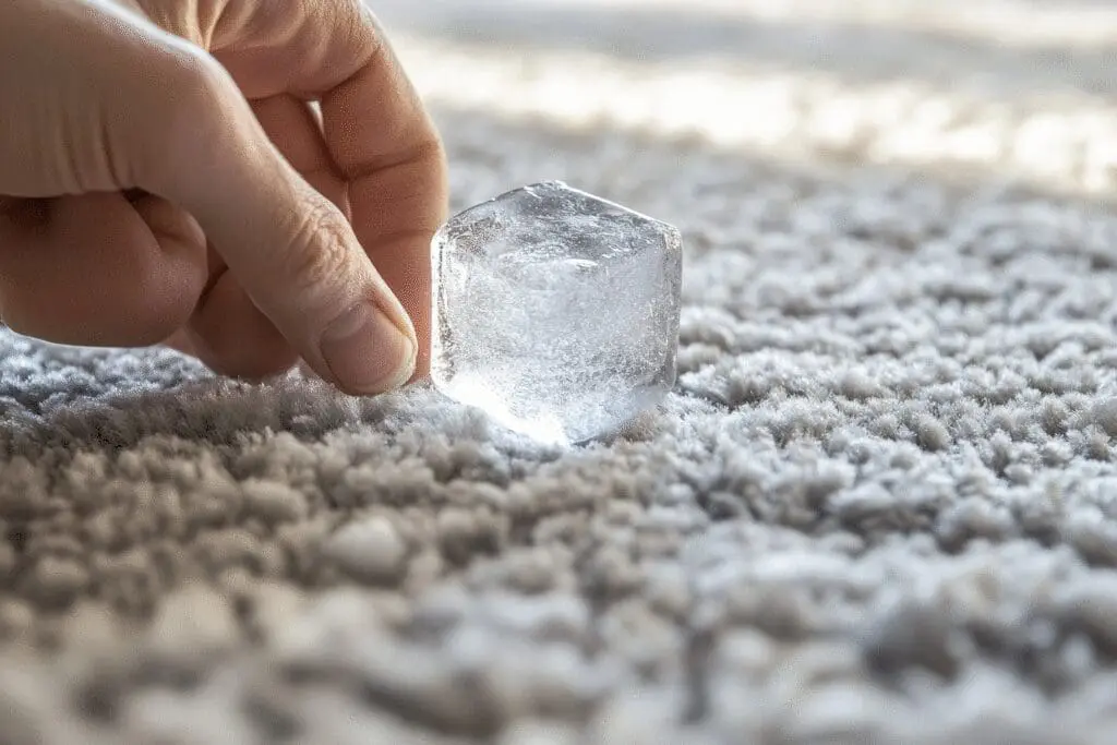 A hand using an ice cube to freeze chewing gum on a carpet for easy, damage-free removal.