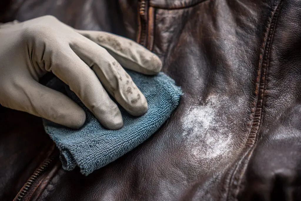 A person demonstrates how to get mold off leather by carefully cleaning a jacket, restoring its original look