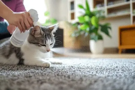A person using a powerful enzymatic spray cleaner on a carpet to permanently eliminate a cat odor.