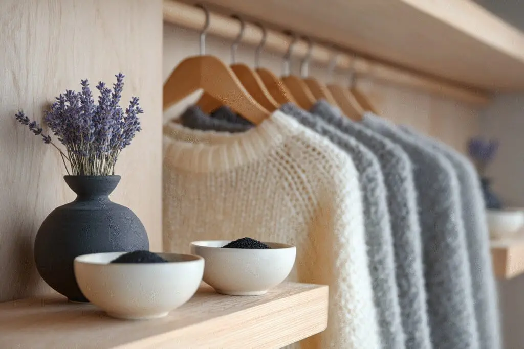 Natural methods for the FAQ on how to get rid of mothball smell, showing an airy closet with charcoal and lavender