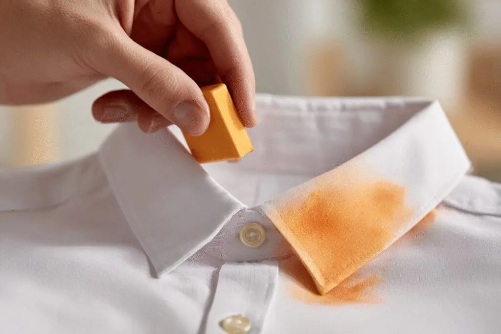 Pre-laundry tip for the FAQ on how to get self tanner out of clothes, showing a stain being treated on a white shirt