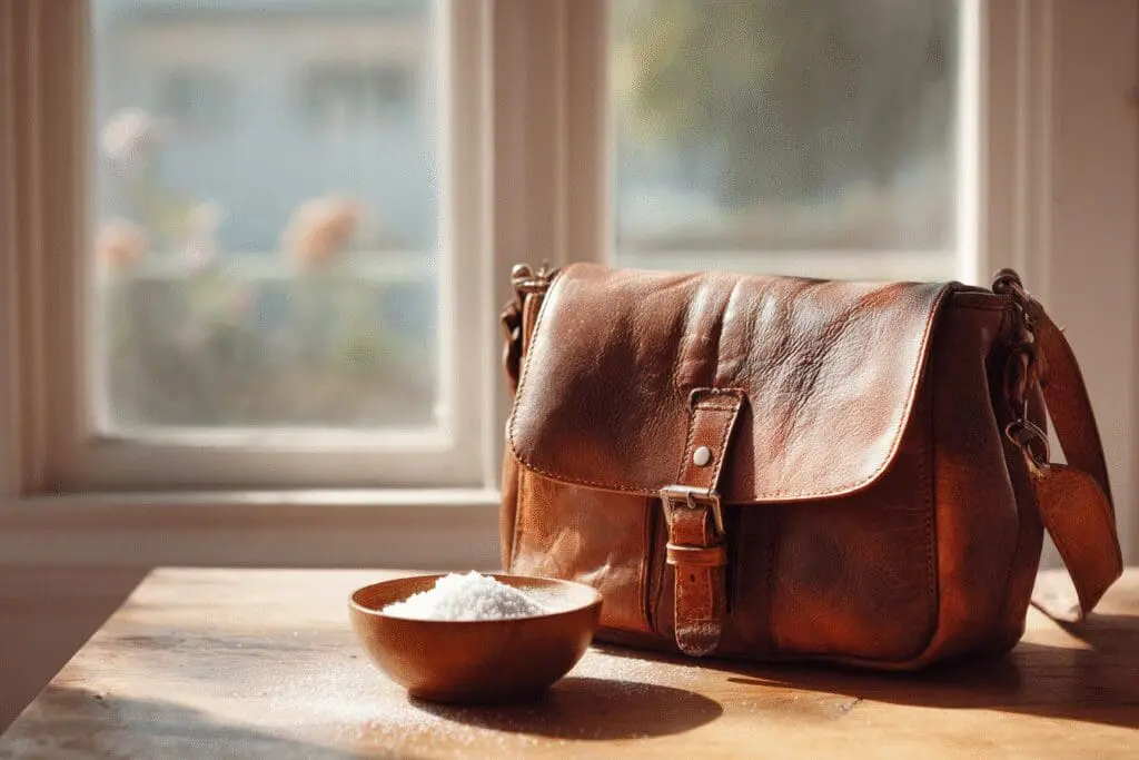Simple technique for the FAQ on how to get odor out of leather, using baking soda to naturally deodorize a bag