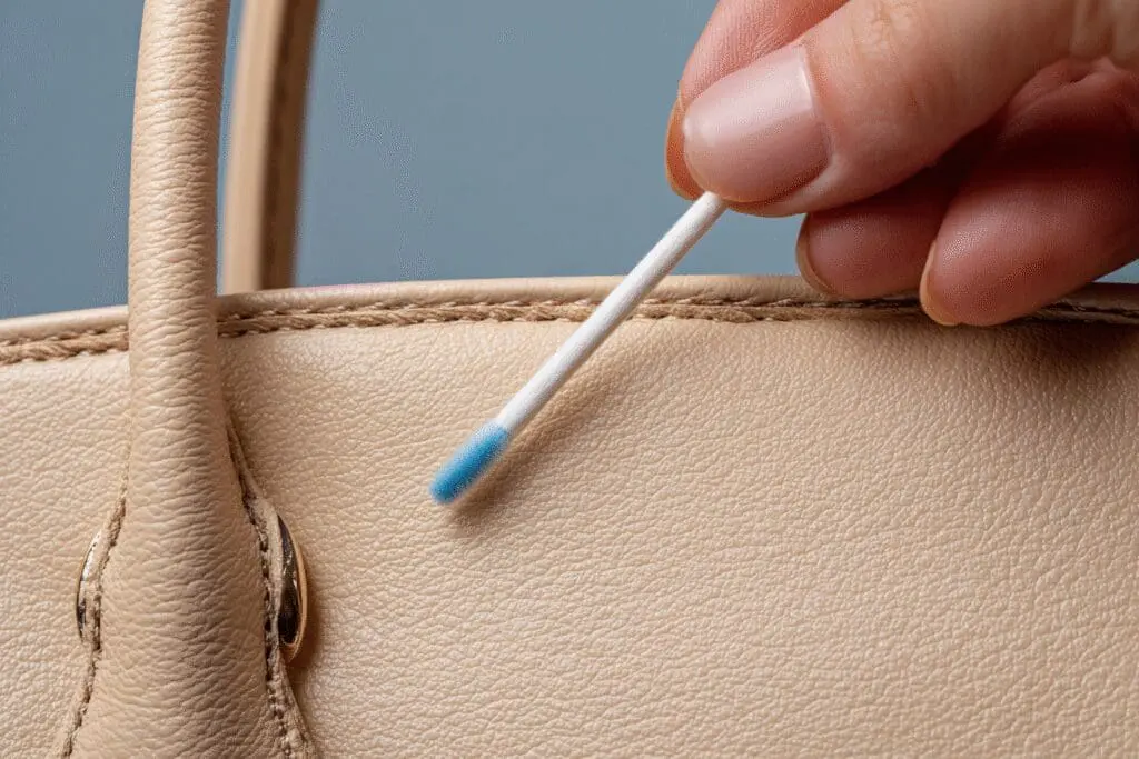 Step-by-step visual on how to get pen off leather, showing a hand carefully removing an ink stain from a purse