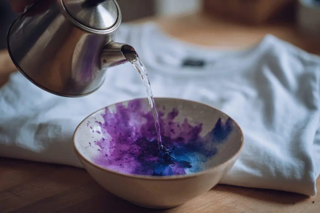 A cleaning trick for the FAQ on how to get blueberry stains out of clothes, using hot water to flush the stain