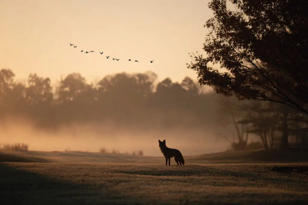 A coyote decoy scaring away geese, a humane answer to the FAQ on how to get rid of geese in my yard