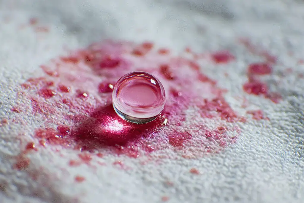 A fast solutions guide for how to get blood stains out of sheets, showing hydrogen peroxide cleaning a spot on white fabric
