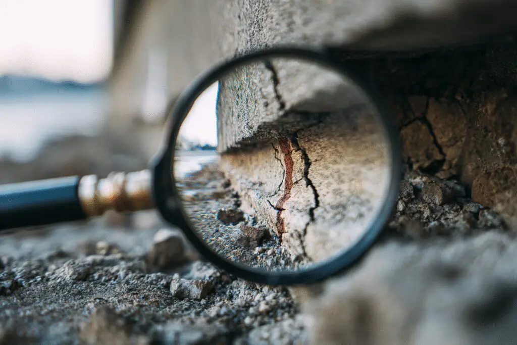A magnifying glass on a sealed crack in a foundation, a guide for the FAQ how to get rid of skinks