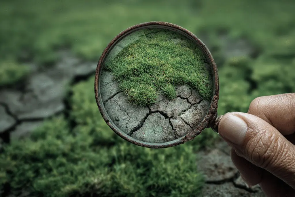 A magnifying glass revealing healthy grass, a visual guide for the FAQ on how to get rid of chinch bugs