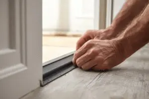 A person sealing the gap under a door, a quick fix for how to get rid of skinks in your house