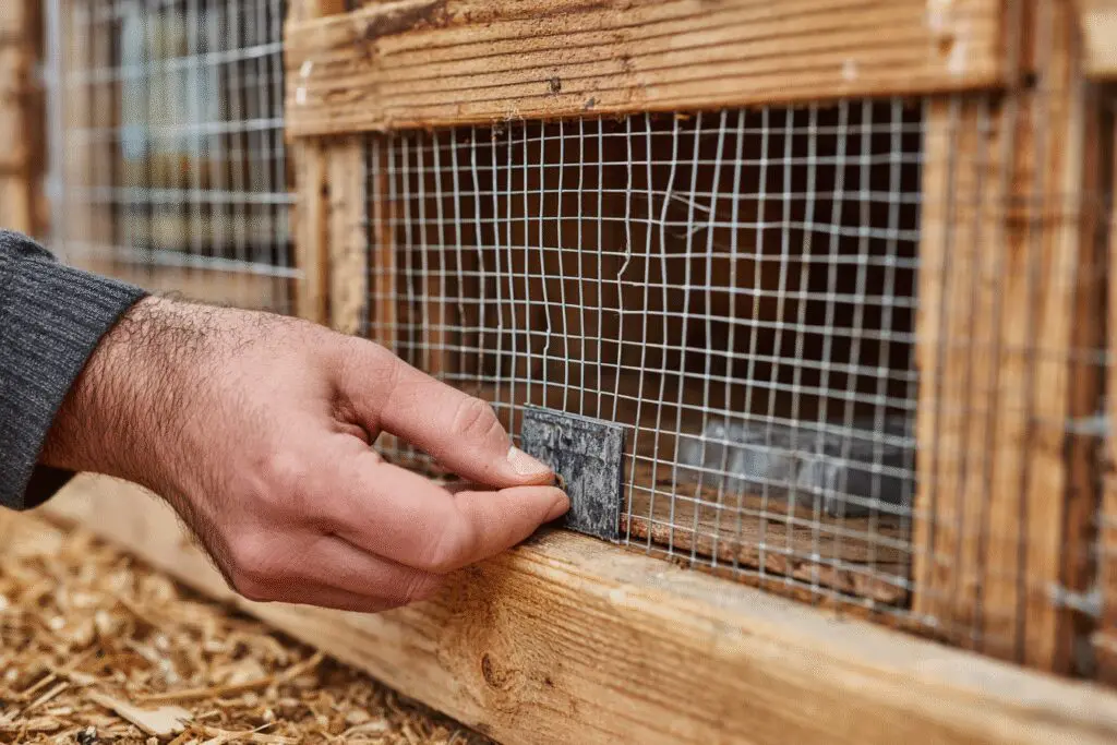 A person securing a chicken coop and setting a trap, demonstrating how to get rid of rats in a chicken coop