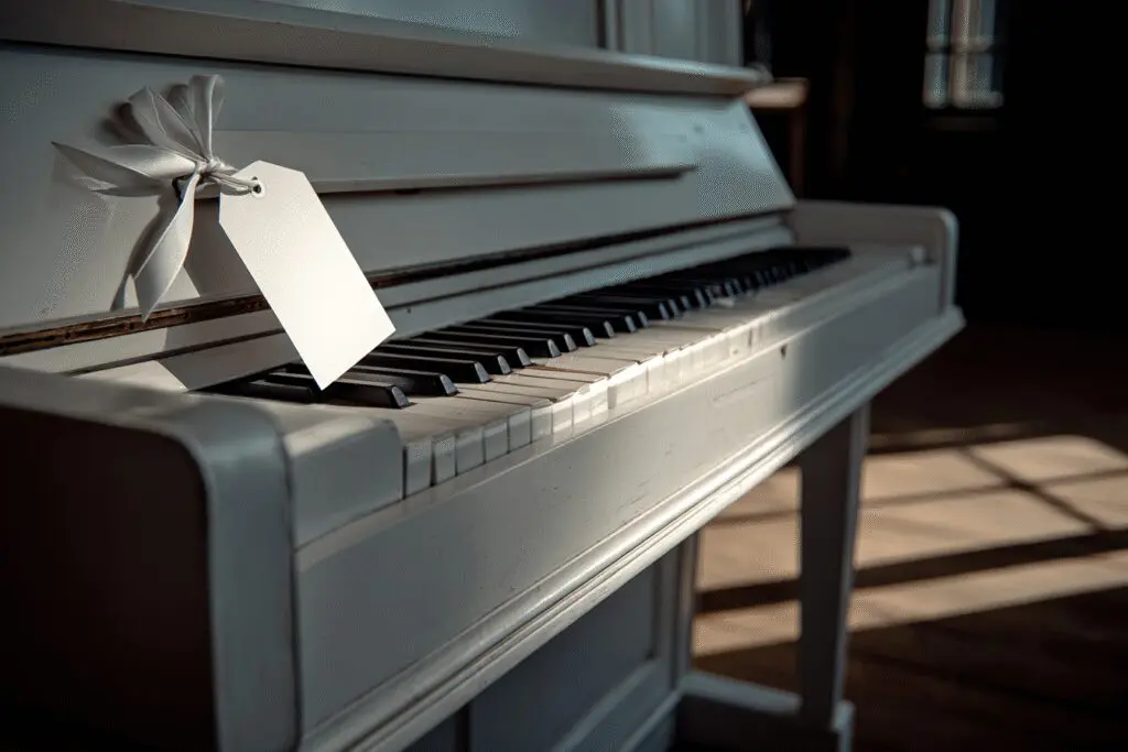A piano with a blank 'for sale' tag, illustrating an answer to the FAQ on how to get rid of a piano