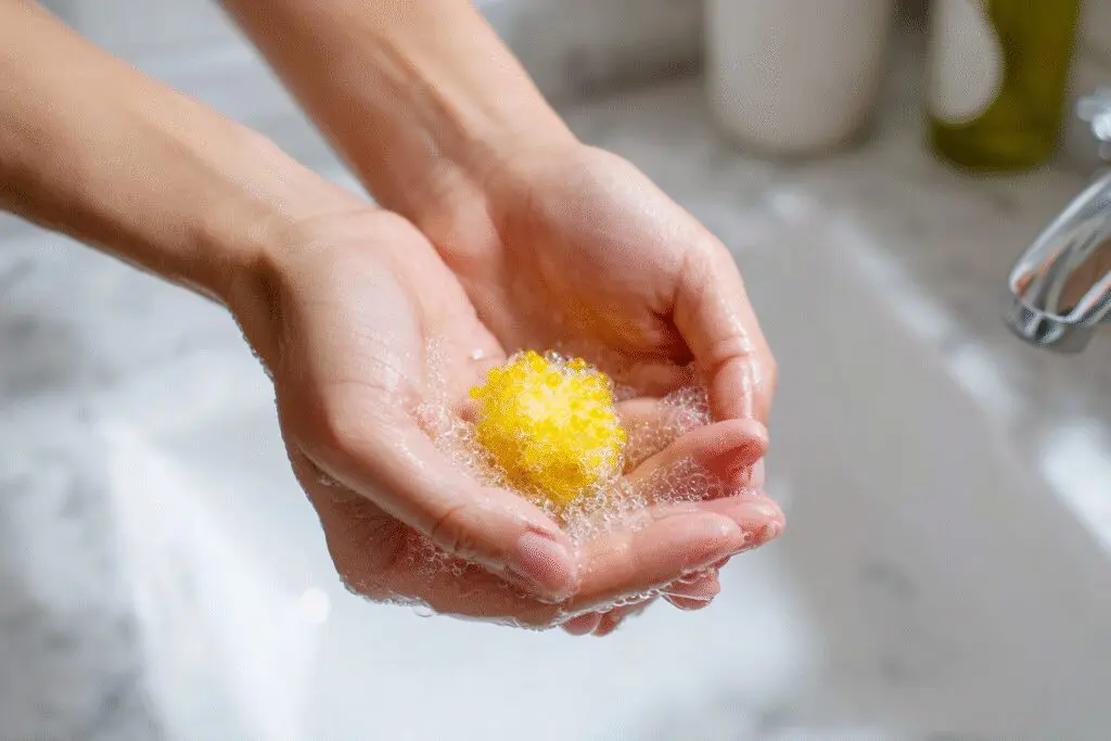 A safe method answering the FAQ on how to get spray foam off hands, showing oil being used to dissolve the residue