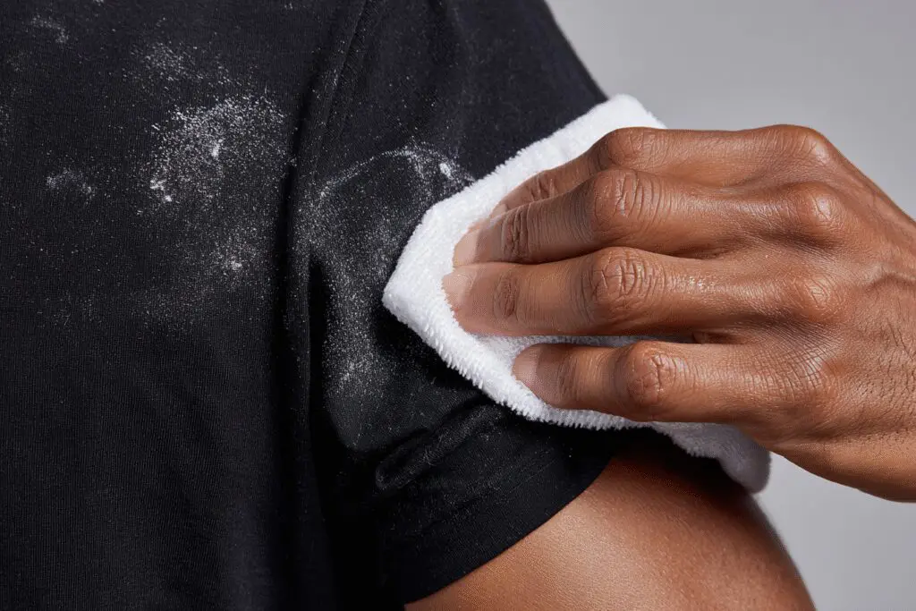 A simple technique for the FAQ on how to get deodorant stains out of black shirts, demonstrating the removal on a t-shirt