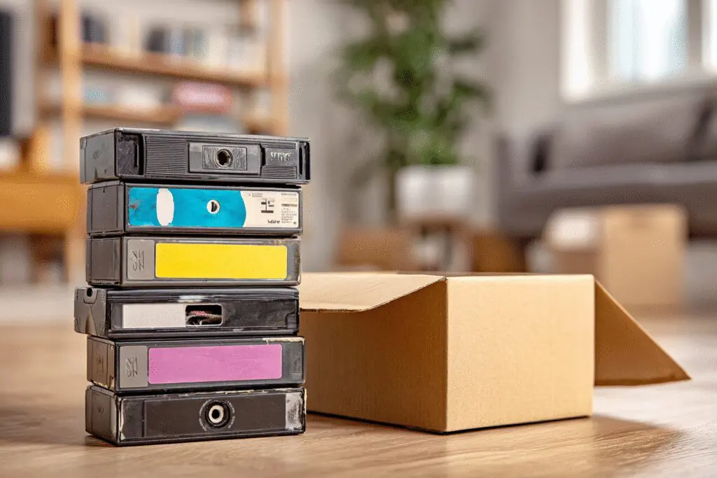 A smart guide on how to get rid of VHS video tapes, showing a stack of tapes ready for boxing and disposal