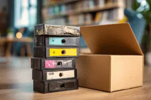 A smart guide on how to get rid of VHS video tapes, showing a stack of tapes ready for boxing and disposal