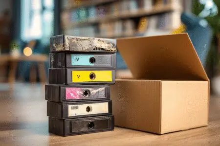 A smart guide on how to get rid of VHS video tapes, showing a stack of tapes ready for boxing and disposal