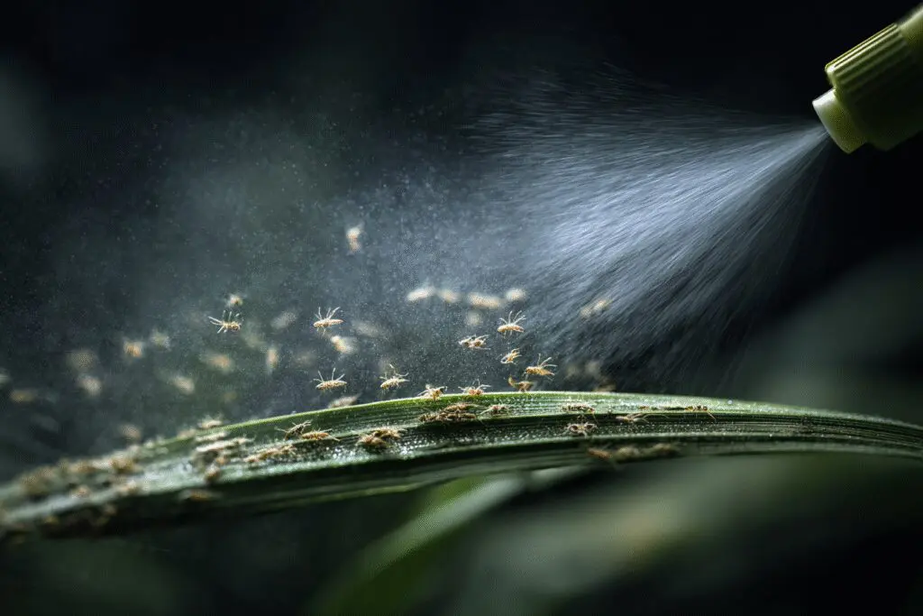 A spray washing tiny insects off a blade of grass, a solution for how to get rid of chinch bugs