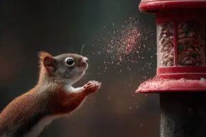 A squirrel deterred from a bird feeder by pepper, a method for how to get rid of red squirrels humanely