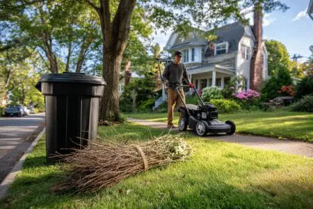 A tidy yard with compost and bundled branches, demonstrating how to get rid of yard waste efficiently