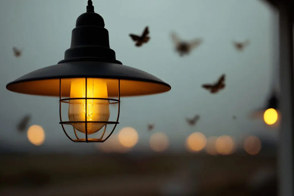 A yellow bug light on a porch deterring moths, a guide for how to get rid of outdoor moths