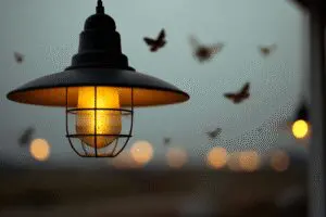 A yellow bug light on a porch deterring moths, a guide for how to get rid of outdoor moths