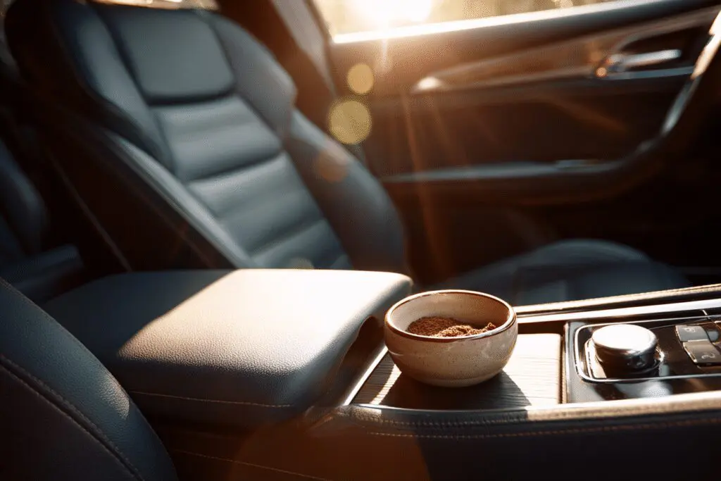 An easy fix for how to get cigarette smell out of a car, showing a clean interior with a bowl of coffee grounds absorbing the odor