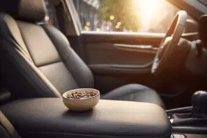 An easy fix for how to get cigarette smell out of a car, showing a clean interior with a bowl of coffee grounds absorbing the odor