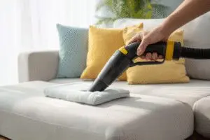 Deep cleaning secrets on how to get pee smell out of a couch, showing an upholstery cleaner refreshing a sofa cushion