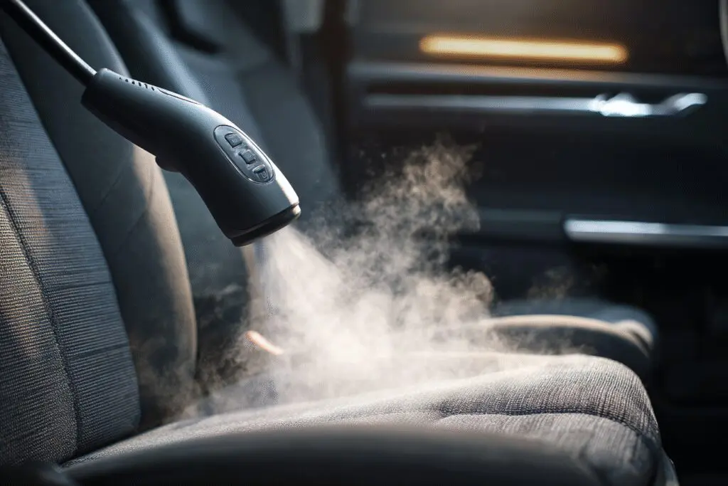 Effective methods for how to get smoke smell out of a car, showing steam cleaning being applied to the vehicle's interior seats