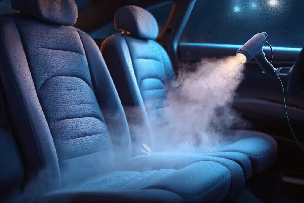 Effective methods for how to get smoke smell out of a car, showing steam cleaning being applied to the vehicle's interior seats