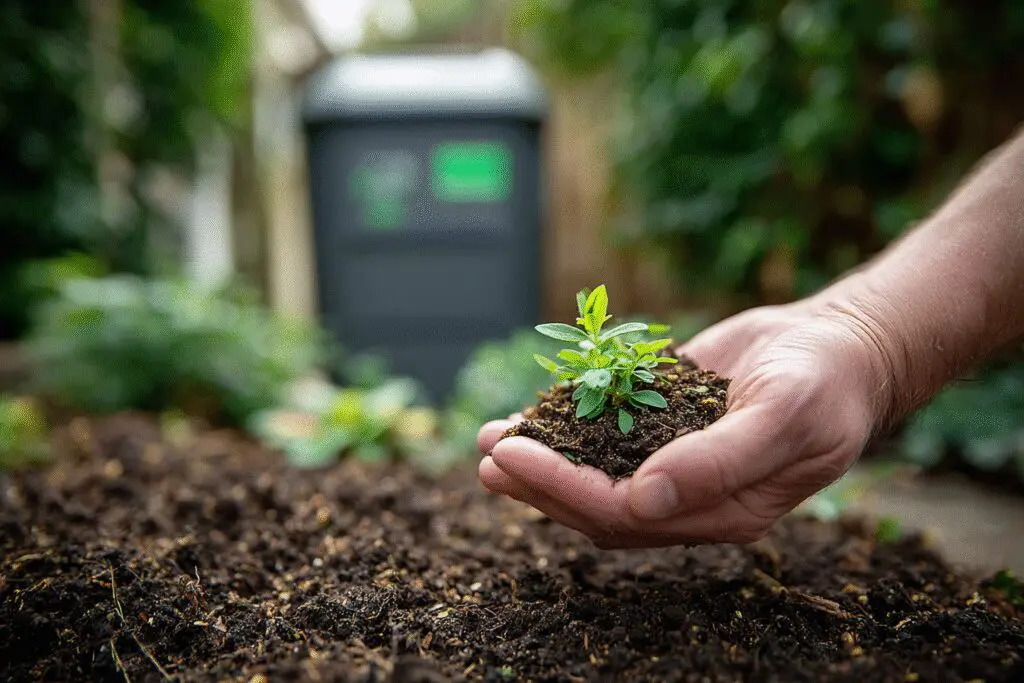 Hands holding a plant grown in compost, a positive answer to the FAQ on how to get rid of yard waste