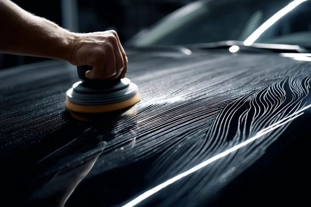 A before-and-after visual for the FAQ on how to get rid of swirl marks on car paint, showing the results of polishing