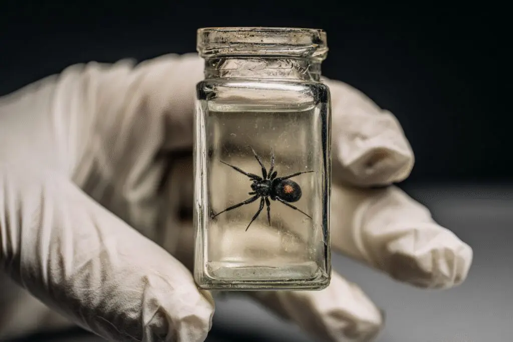 A black widow spider safely contained in a jar, illustrating identification for the FAQ on how to get rid of black widow spiders