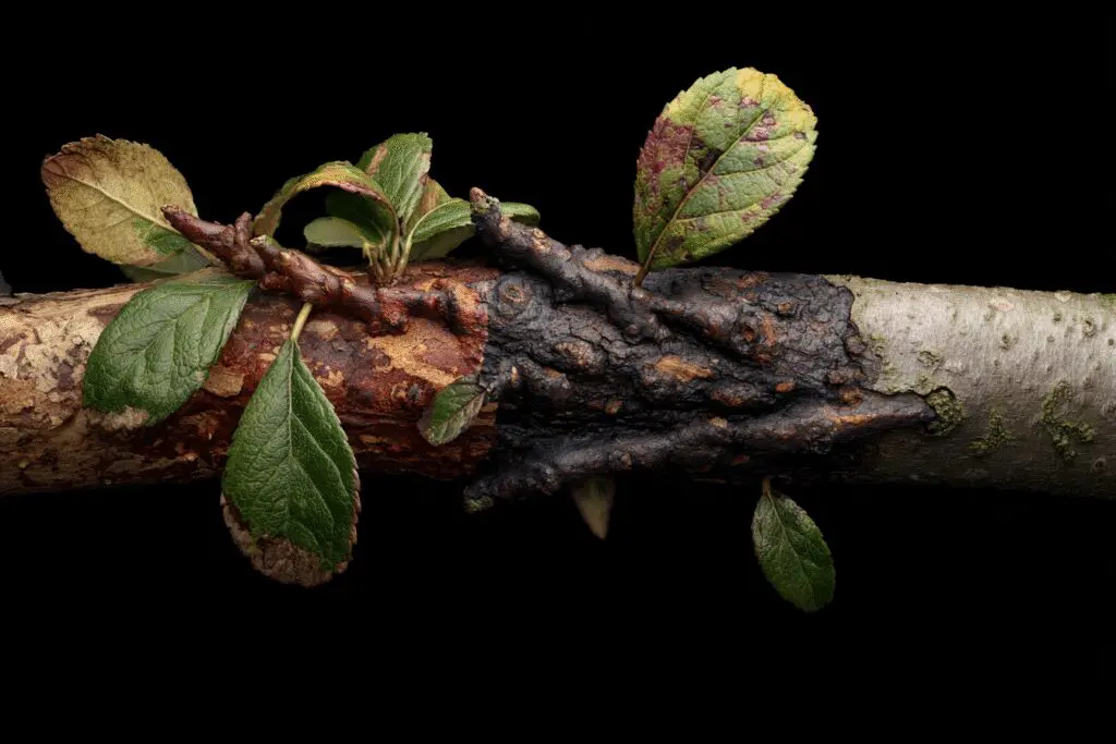 A branch that is half healthy and half diseased, illustrating the answer to the FAQ on how to get rid of canker