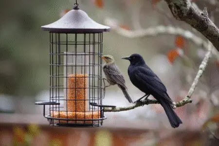 A caged bird feeder deterring a large bird, a method for how to get rid of grackle birds