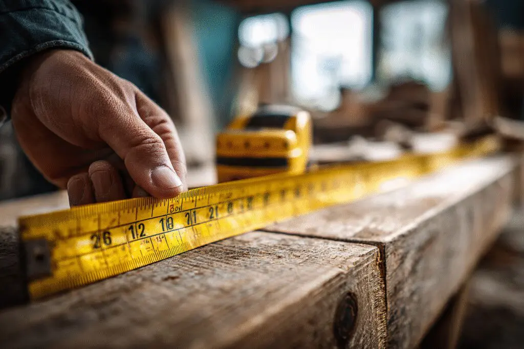 A clear guide for the FAQ on how to get linear feet, showing a tape measure being used on a piece of wood