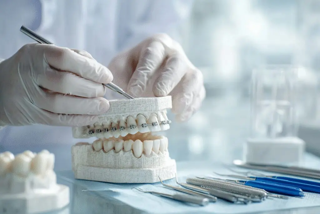 A clinical visual for the FAQ How long does it take to get braces on, showing a bracket being applied to a dental model