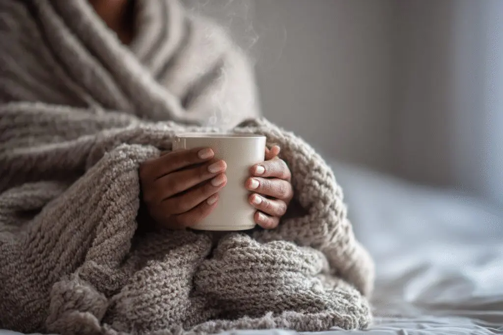 A comforting image for the FAQ on how to get rid of cotton fever, showing a person wrapped in a warm blanket