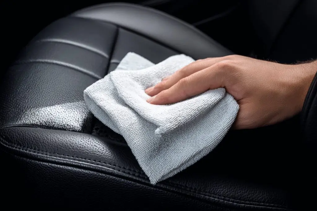 A fast fix for the FAQ on how to get sunscreen out of leather seats, showing a hand wiping the stain away.