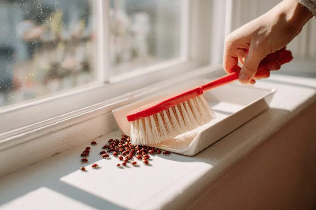 A gentle removal method for the FAQ on how to get rid of ladybugs, showing them being brushed from a windowsill.