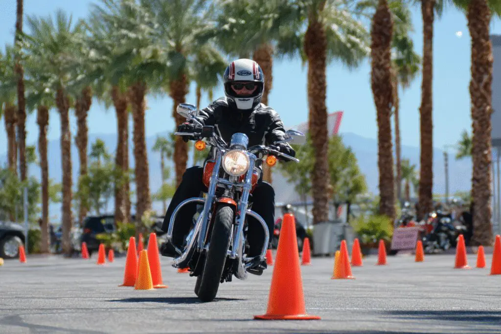 A guide for the FAQ on how to get a motorcycle license in Florida, showing a rider taking the test.