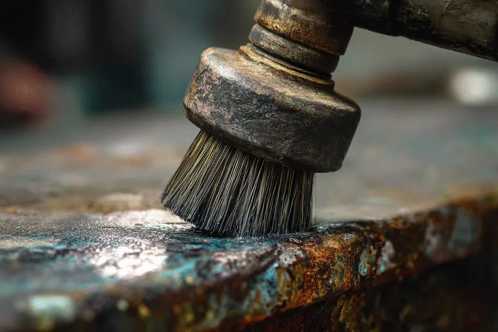 A guide for the FAQ on how to get rid of rust off metal, showing a wire brush restoring a rusty surface