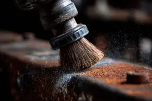 A guide on how to get rid of rust off metal accurately & fast, showing a wire brush revealing shiny metal underneath the rust.