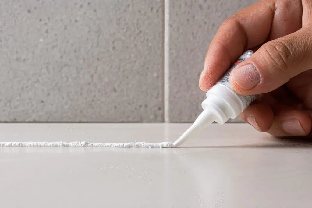 A hand sealing a crack in a kitchen, a preventative answer to the FAQ on how to get rid of German roaches