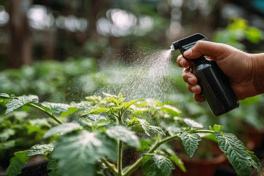 A hand spraying a plant with soapy water, an organic answer for the FAQ on how to get rid of aphids on tomato plants.